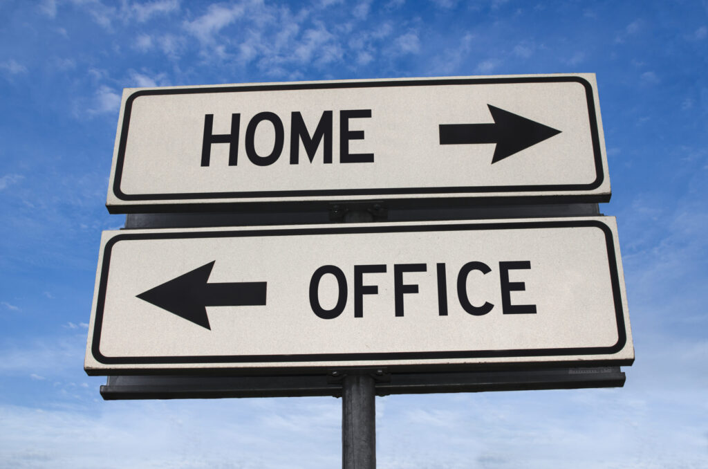 Home versus office road sign. White two street signs with arrow