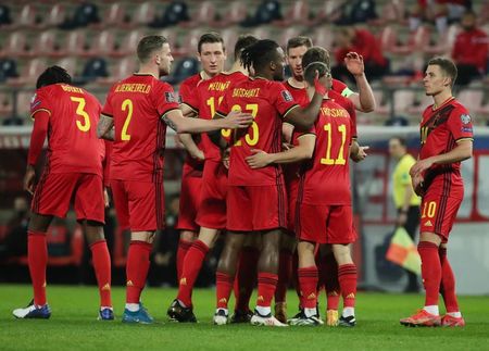 Jogadores da Bélgica comemoram gol contra Belarus Jogadores da Bélgica comemoram gol contra Belarus