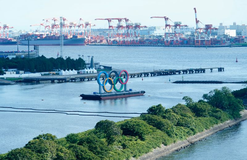Aneis Olímpicos na Baía de Tóquio