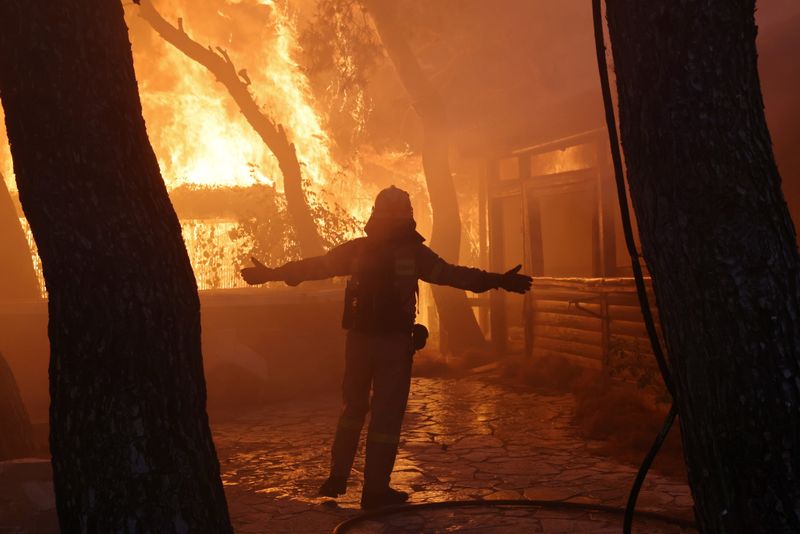 Bombeiro reage a incêndio florestal em subúrbio ao norte de Atenas