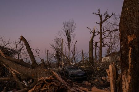 Veículo destruído em meio a árvores caídas após tornado em Mayfield, no Kentucky, EUA Veículo destruído em meio a árvores caídas após tornado em Mayfield, no Kentucky, EUA