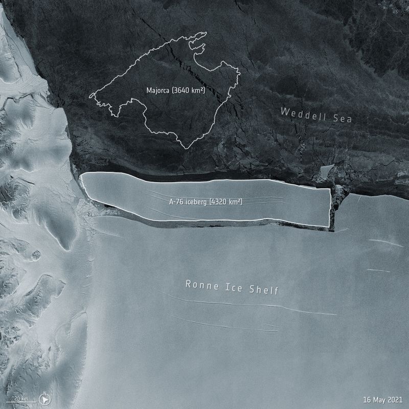 Maior iceberg do mundo atualmente à deriva, em foto de divulgação ESA/Copernicus Sentinel-1 Mission, CC BY-SA 3.0 IGO/Divulgação via REUTERS