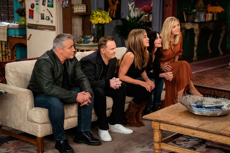 Matt LeBlanc, Matthew Perry, Jennifer Aniston, Courteney Cox e Lisa Kudrow na reunião de “Friends”