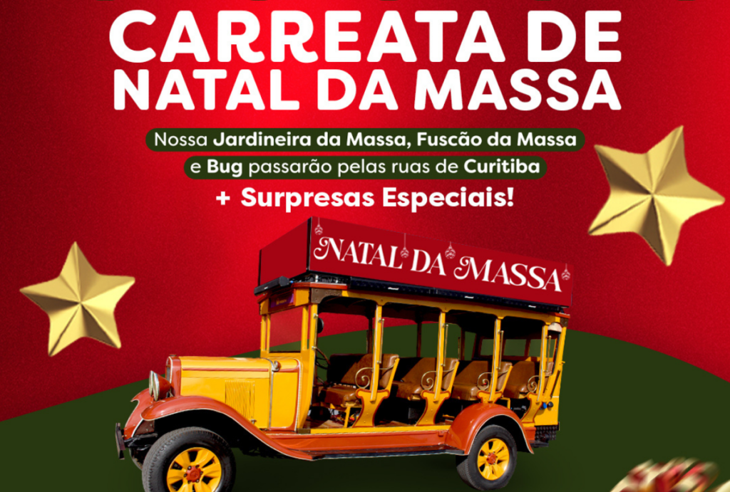 A Carreata de Natal da Massa irá percorrer Curitiba com a Jardineira, o Fuscão e o Bugue da Massa, levando alegria, fotos, música e o clima natalino para a cidade.