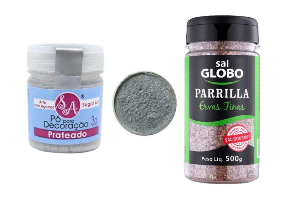Pó para decoração da marca Sugar Art e Sal Grosso Iodado (Ervas Finas) da marca Globo em fundo branco.