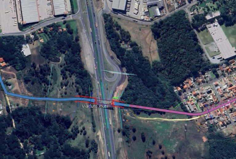 Fotografia de drone com projeção do futuro viaduto.