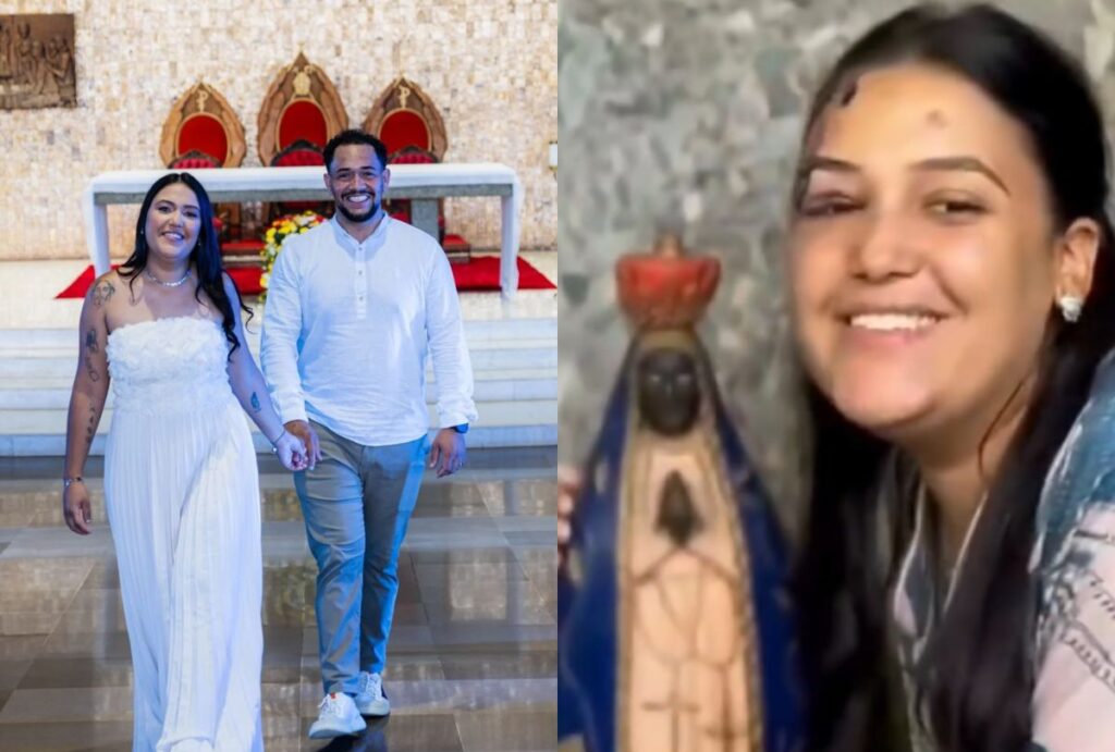 Na esquerda, casal de mãos dadas. Na direita, mulher ao lado de Nossa Senhora Aparecida
