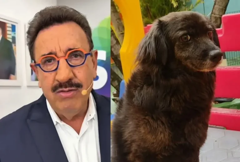 Imagem do apresentador ratinho a esquerda , a direita um cachorro preto.