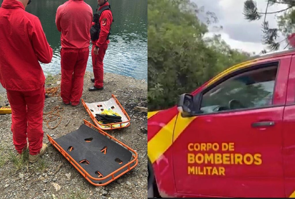 Viatura dos bombeiros e local onde o corpo foi encontrado