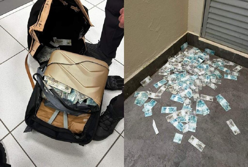 Mala de dinheiro e notas que foram apreendidas