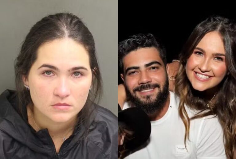 Na esquerda, Amanda Vasconcelos. Na direita, ela com seu marido, Henrique