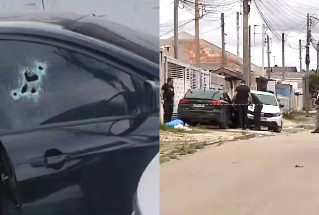Carro atingido pelos disparos e local do crime