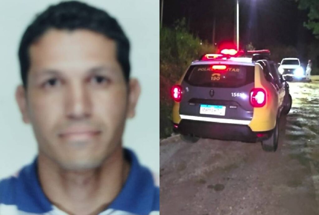 Homem morto a tiros em Almirante Tamandaré e viaturda da PM no local do crime