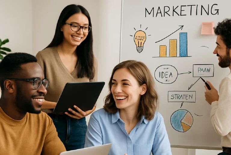 Equipe de marketing em reunião com quadro exibindo gráficos e métricas