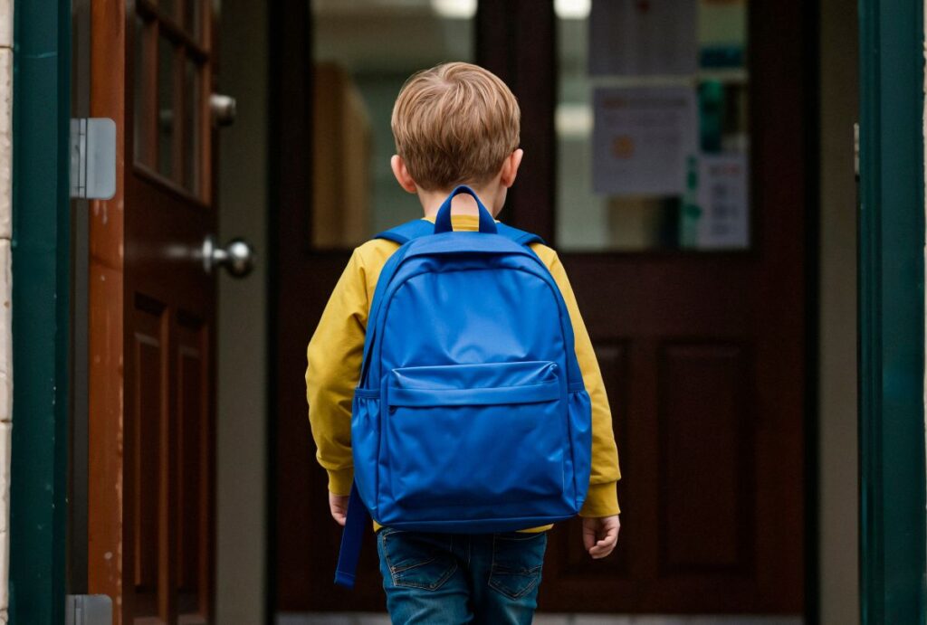 Criança de costas entrando na escola.