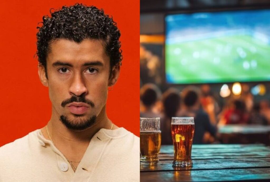 Cantor Bad Bunny a esquerda e cervejas em umja mesa com telão de esportes a direita.