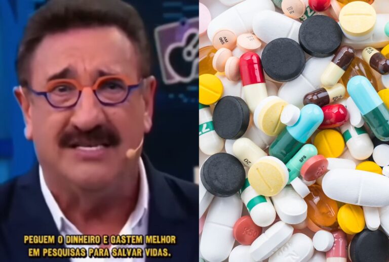 Ratinho em seu programa e cápisulas de remédio.