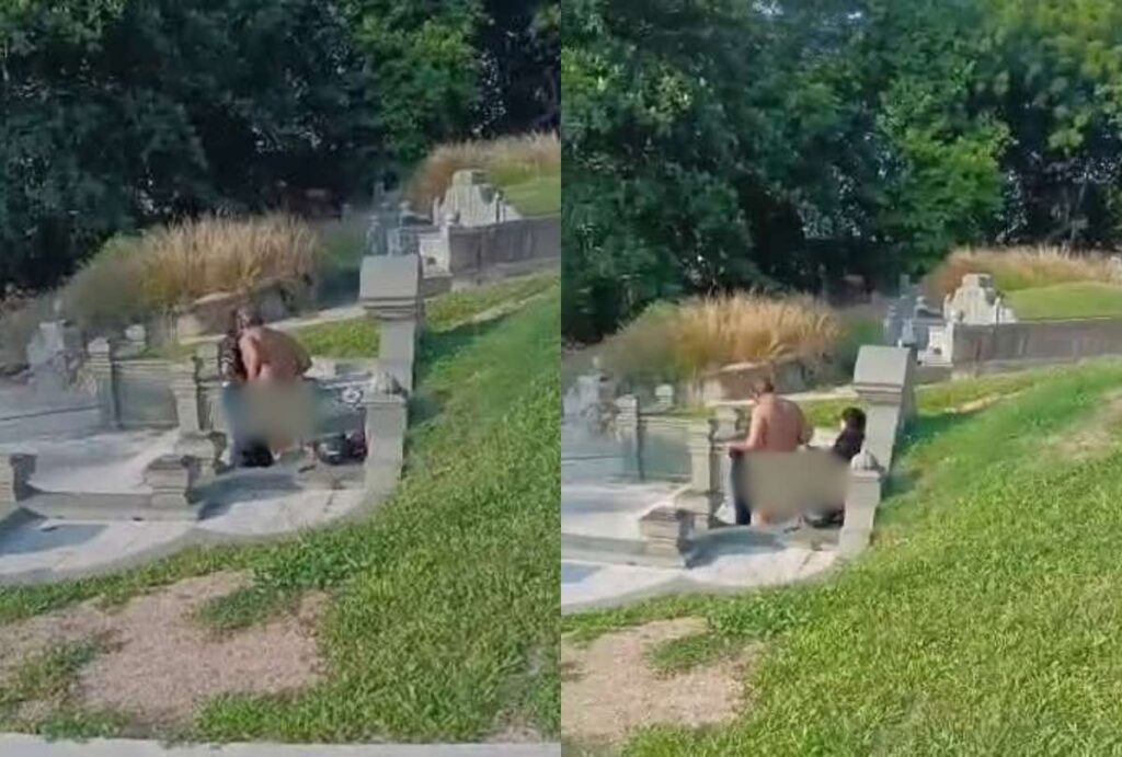 Montagem com fotos do casal em cima do túmulo