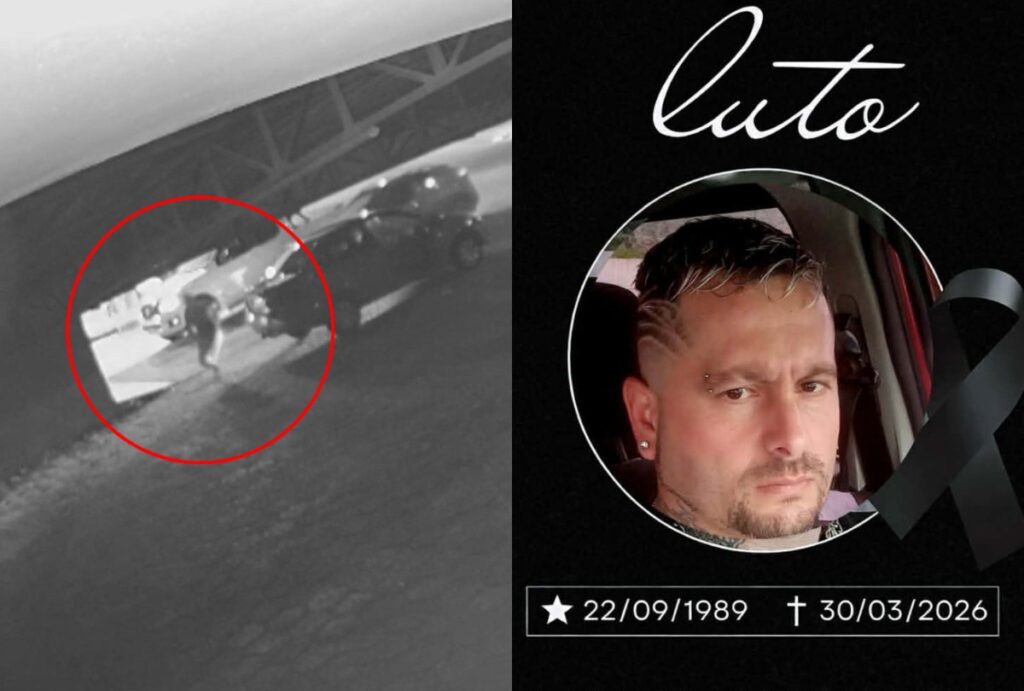 Montagem com foto do crime e de Emerson Ferreira Guimarães, morto em posto de combustíveis