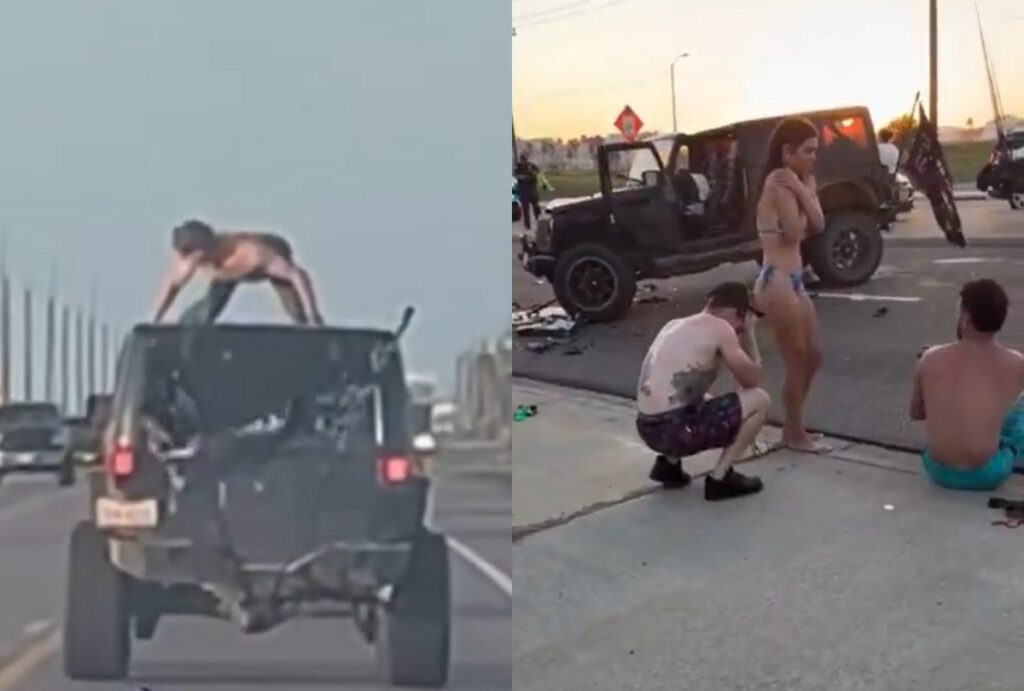 Montagem com fotos do jovem dançando em cima do Jeep e depois no local do acidente