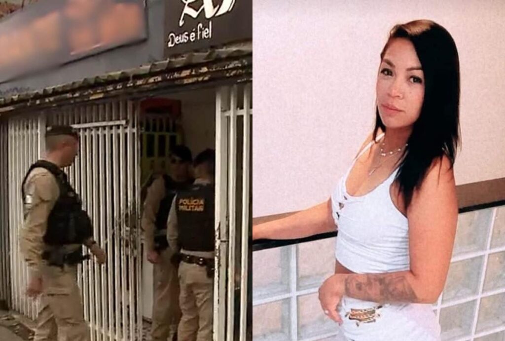 Montagem com fotos do local do crime e da mulher morta na distribuidora