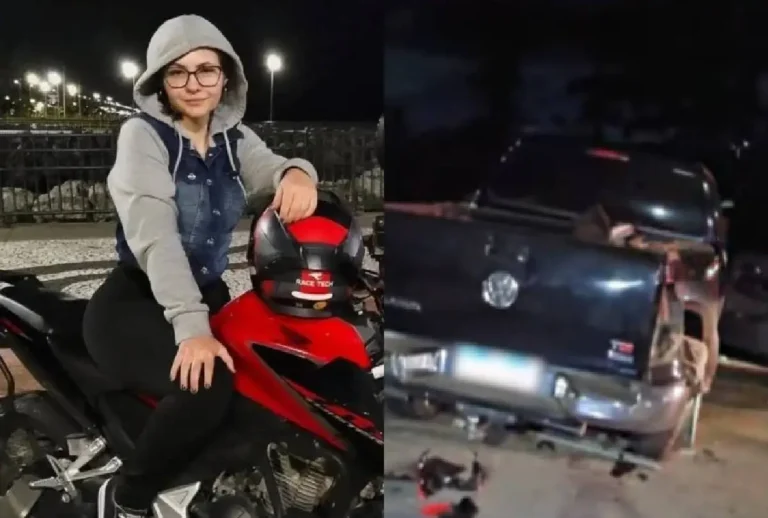 Montagem que mostra Gabriele Luisa Freitas e caminhonete envolvida no suposto racha