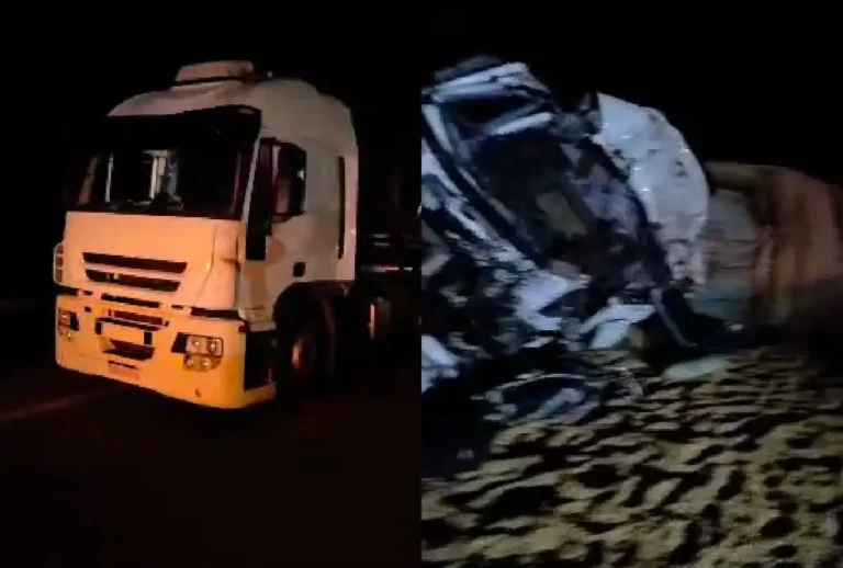 Montagem com os dois caminhões envolvidos no acidente em Morretes