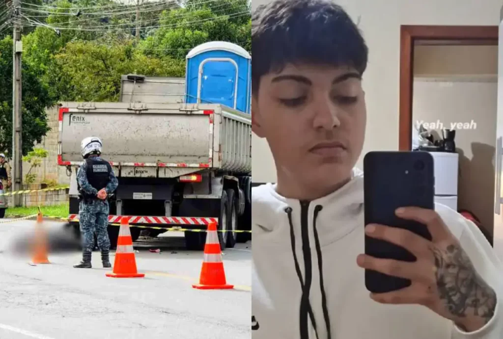 montagem mostra acidente envolvendo motociclita e caminhão em curitiba. ao lado está a imagem de thiago emanoel, o motociclista que morreu na colisão