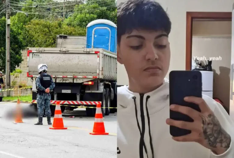 montagem mostra acidente envolvendo motociclita e caminhão em curitiba. ao lado está a imagem de thiago emanoel, o motociclista que morreu na colisão