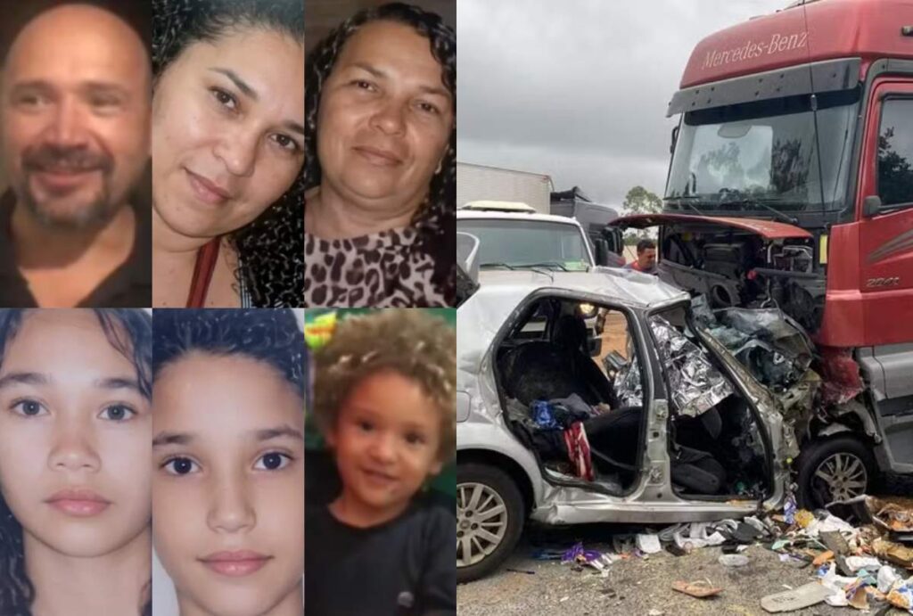 Montagem com as fotos dos seis familiares que morreram e do carro no local da colisão