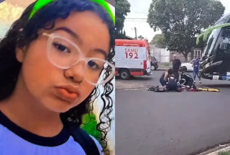 No foto, uma montagem com a Isabelle e o acidente envolvendo a bike elétrica e o ônibus