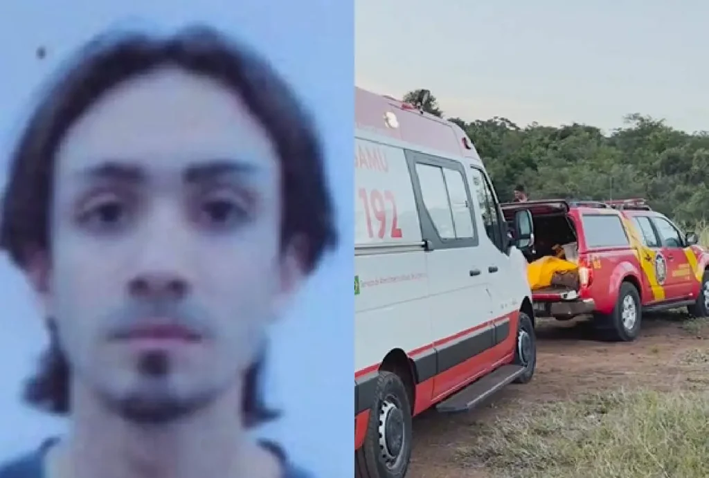 Montagem que mostra Pedro Aquiles Glinski e carros de socorristas