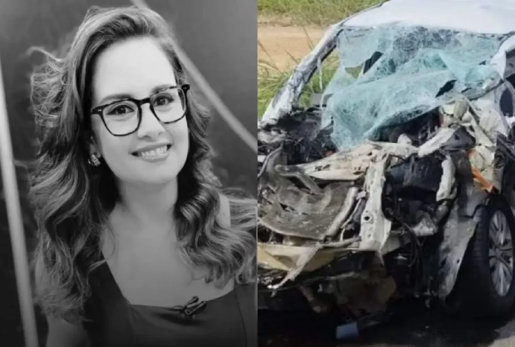 Montagem que mostra Alice Ribeiro e carro após acidente