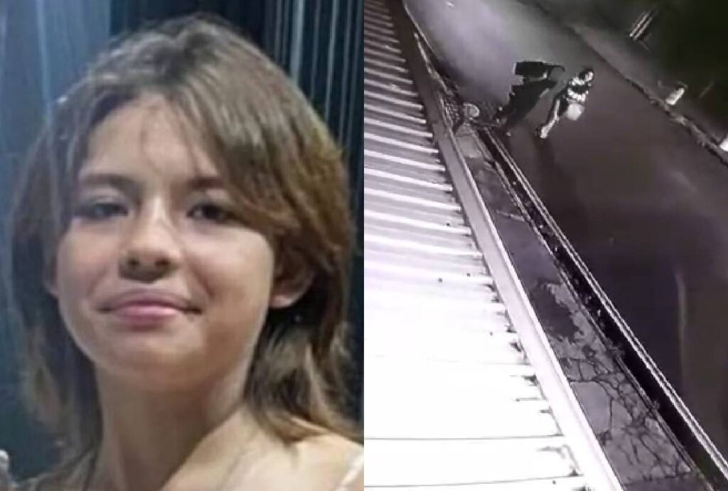 Montagem mostra Ana Luiza Santos Zonta e print de câmera de segurança que mostra a fuga
