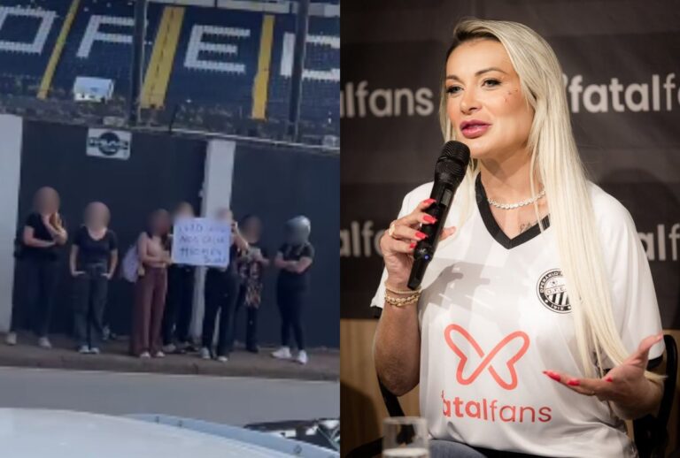 Montagem com foto do protesto e de Andressa Urach com camisa do Operário