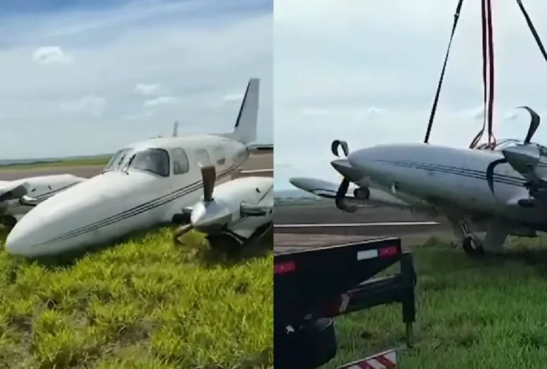 Montagem que mostra avião após pouso e aeronave sendo retirada da pista