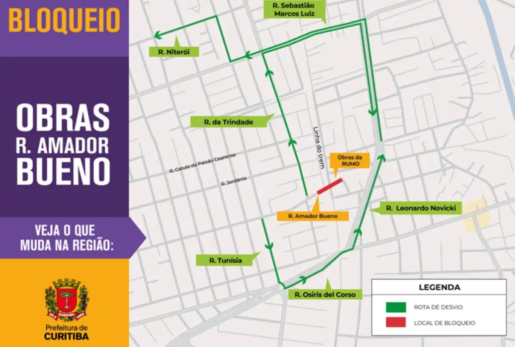 mapa cajuru bairro de curitiba com manutenção da linha férrea e bloqueios