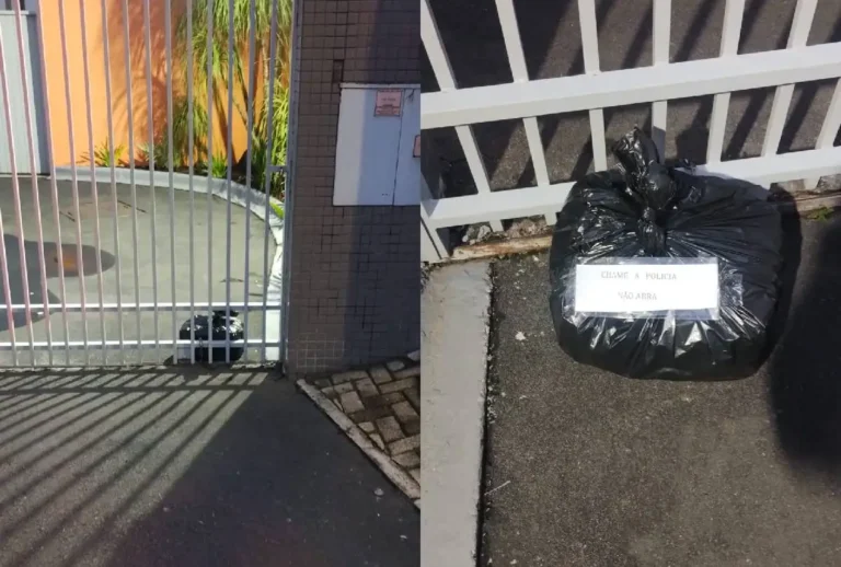 Saco preto deixado na frente da escola