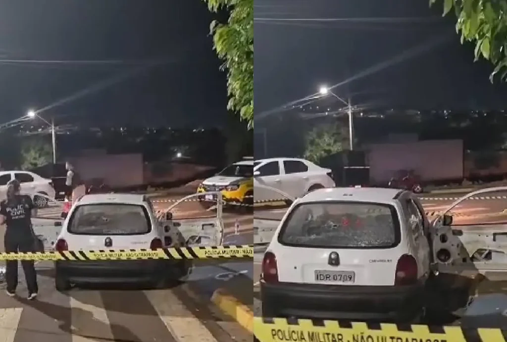 Montagem que mostra carro após crime