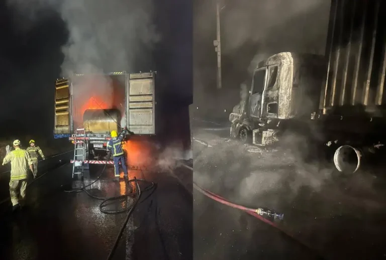 Montagem que mostra caminhão pegando fogo