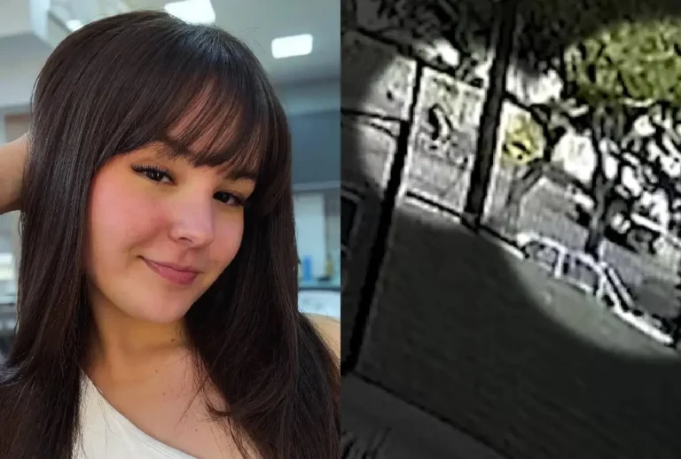 Montagem que mostra Caroline Aparecida Guralski e print de câmera de segurança que registrou o acidente