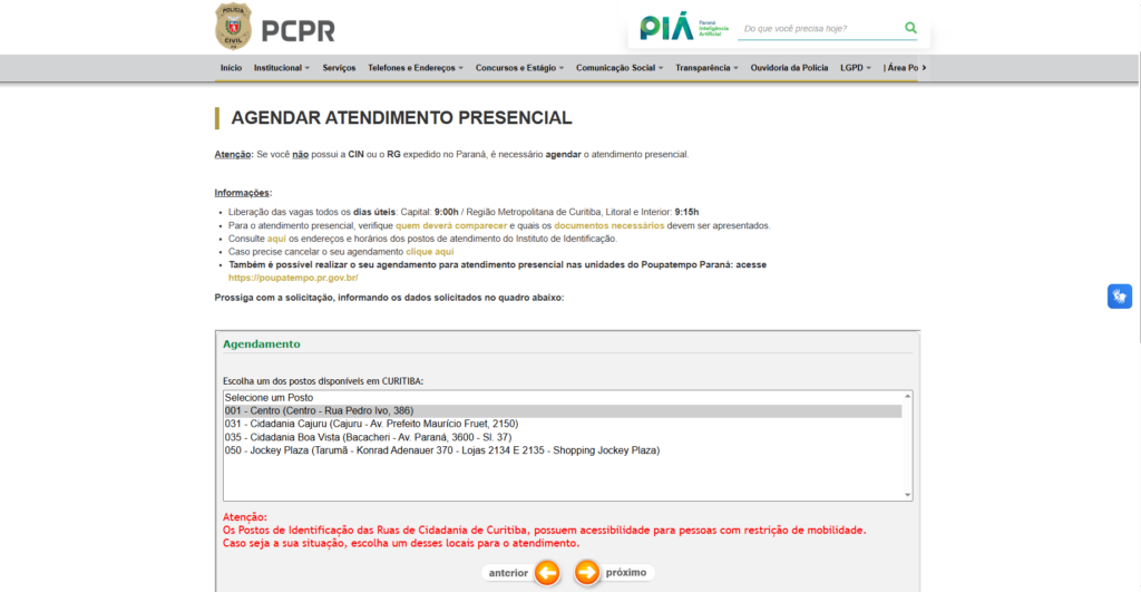 Aba de agendamento para emissão da CIN no Paraná