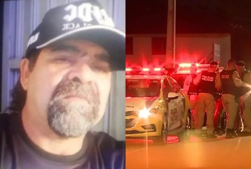 Montagem que mostra Edson Ribeiro Junior e Viatura e policiais no local do crime