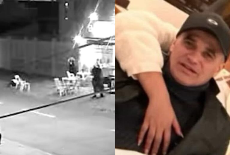 Montagem com foto do bar no momento do tiroteio e da vítima