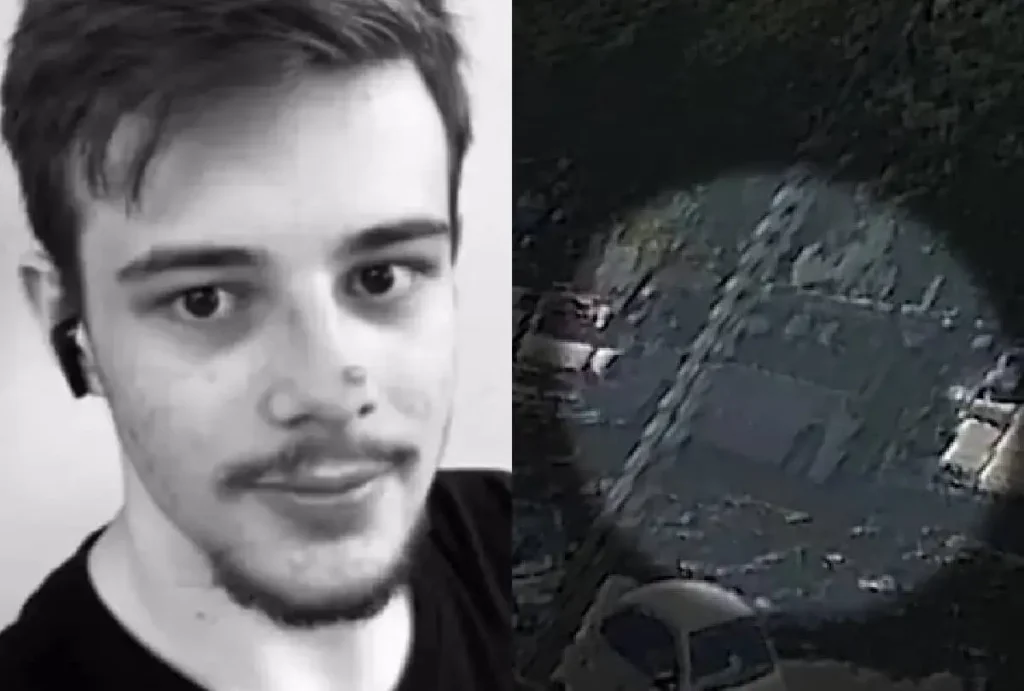 Montagem que mostra Gustavo Maciel Teixeira e ônibus após atropelamento