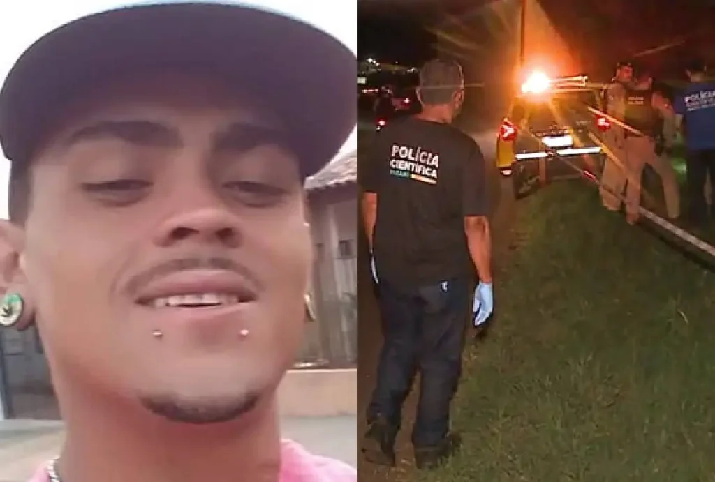 Montagem que mostra Edmos Carlos Oliveira e local onde ele foi encontrado morto