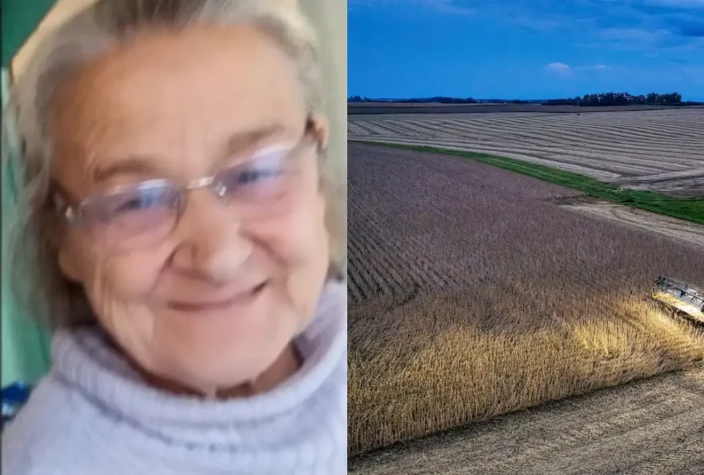 Montagem: à esquerda, Ika, a senhora encontrada morta, à direita, uma grande lavoura de soja.