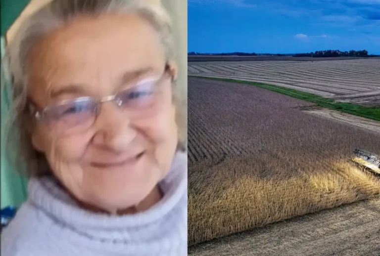 Montagem: à esquerda, Ika, a senhora encontrada morta, à direita, uma grande lavoura de soja.