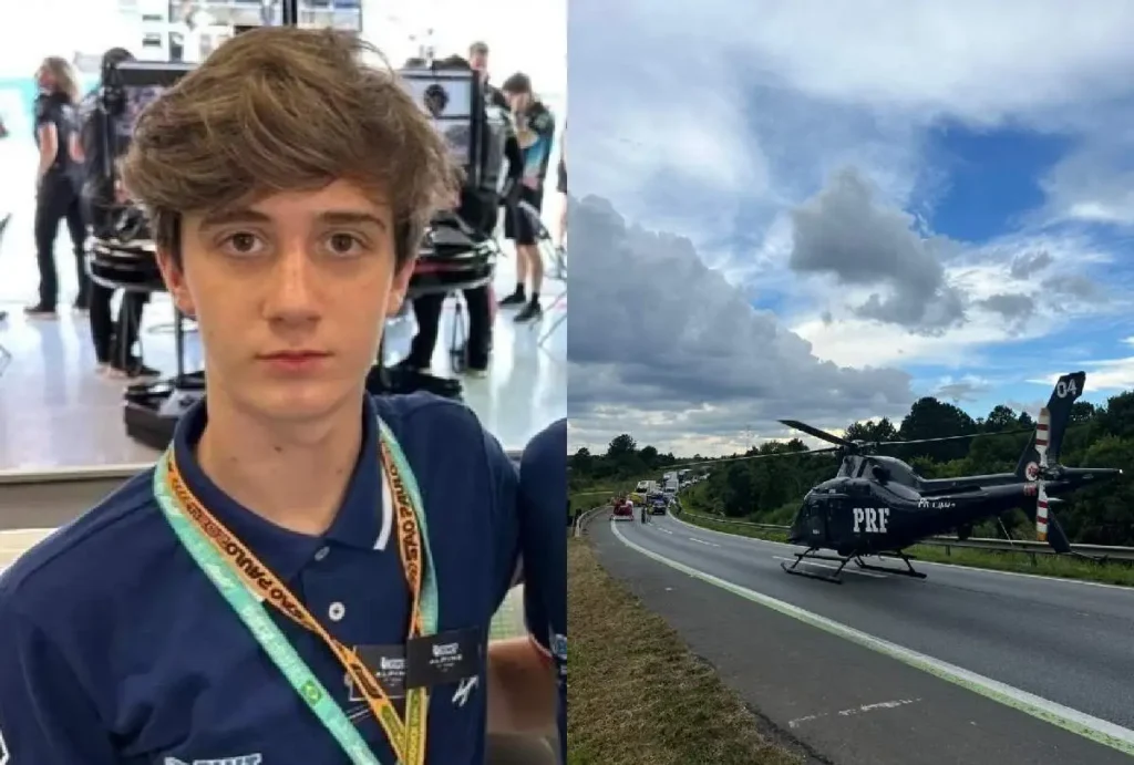 Montagem que mostra Lapo Sganzerla Bordin e helicóptero da PRF no local do acidente em Balsa Nova