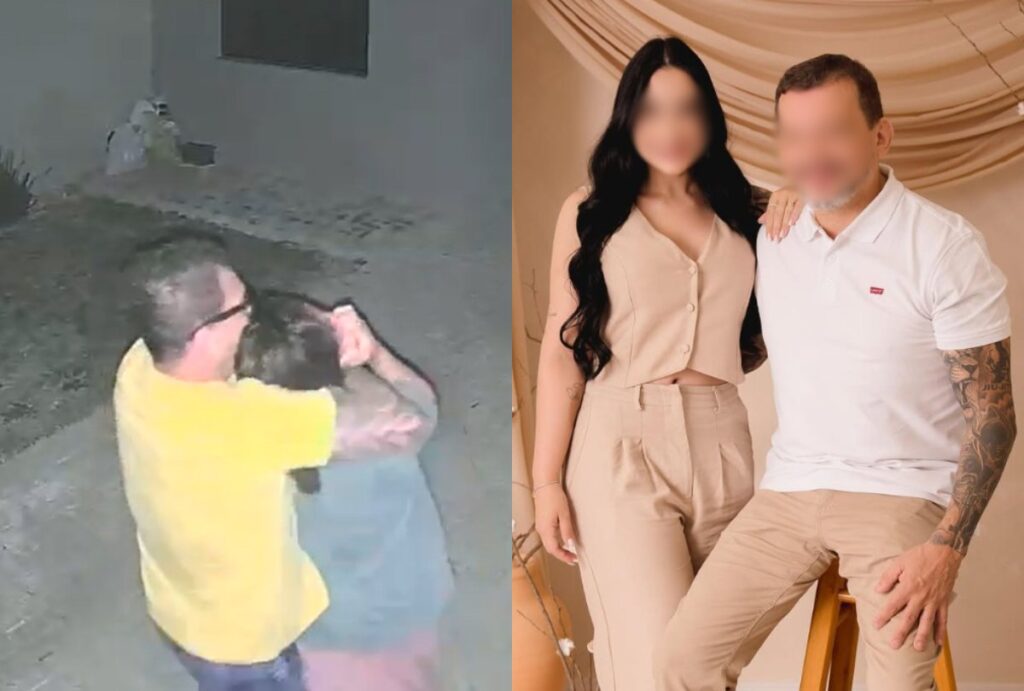 Montagem com fotos da agressão do lutador e do casal junto